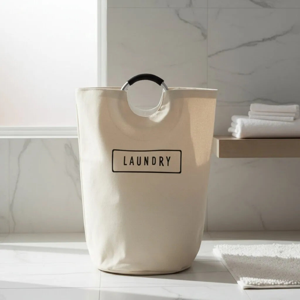 Canasto de tela para ropa con la palabra «Laundry» en un baño de mármol blanco.